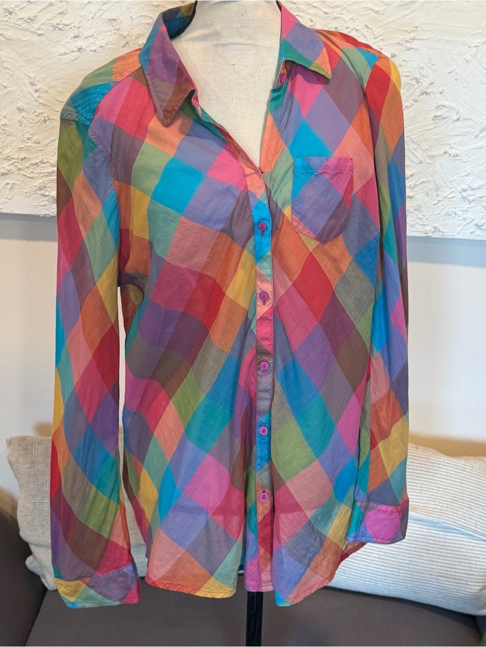 Sundance Cotton Rainbow Plaid Button Up Long Sleeve Shirt Lightweight Sz XL